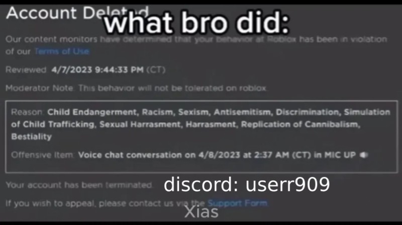Создать мем: бан на 1 день роблокс, account deleted roblox, бан аккаунта в роблокс