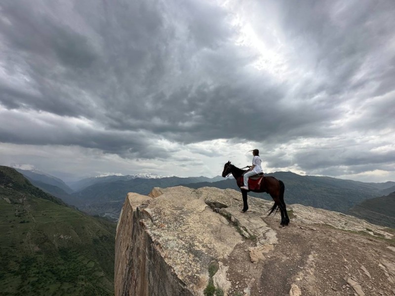 Create meme: horse , mountains of dagestan, in the mountains