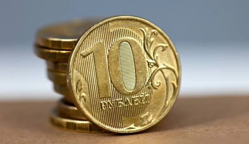 Create meme: the ruble , a stack of 10 rubles coins, coins 