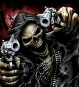 Create meme: skeleton with a gun, skull with guns, skeleton with a gun