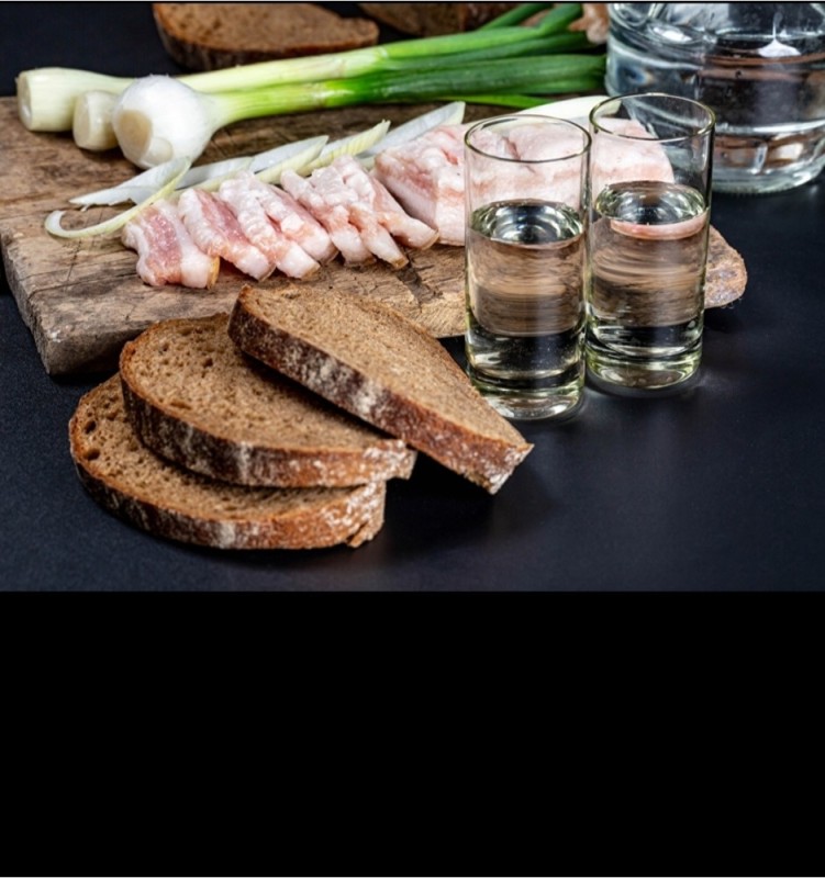 Create meme: vodka bacon, vodka and snack , bacon with bread and vodka