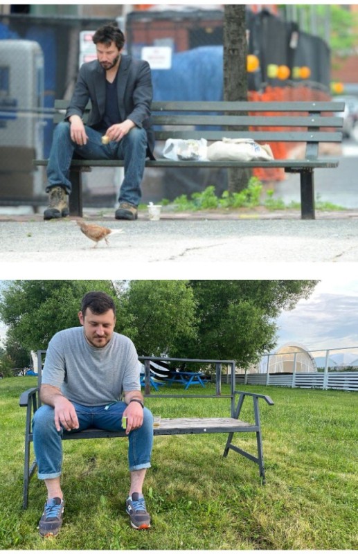 Create meme: Keanu Reeves on a bench, Keanu Reeves on a bench, Keanu Reeves sad