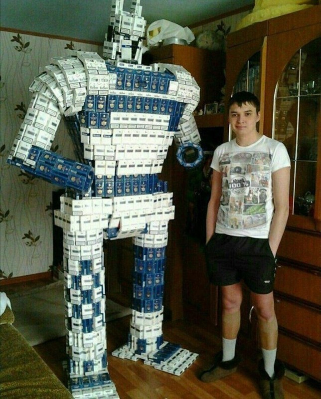 Create meme: a robot made of cigarette packs, a robot made of cigarette packs, a robot made of cigarette packs