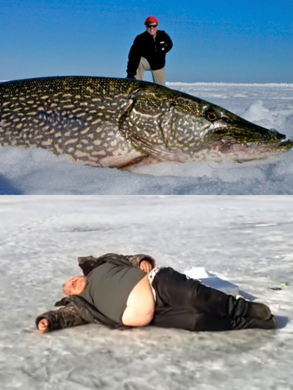 Создать мем: зимняя рыбалка на щуку, самая большая щука, поймал щуку