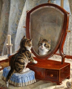 Создать мем: отражение в зеркале, репродукция картины, кот перед зеркалом