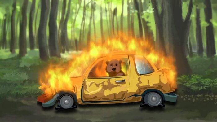 Создать мем: медведь в горящем такси, медведь сел в горящую машину, медведь и горящая машина