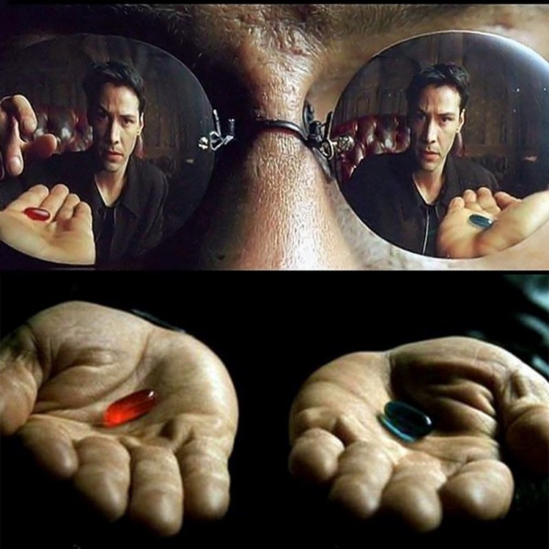 Create meme: matrix Morpheus pills, Morpheus 2 tablets, matrix of red and blue tablets