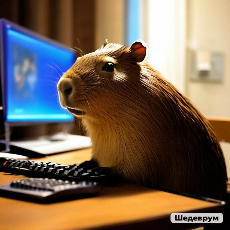 Create meme: capybara at the computer, capybara at the computer, a pet capybara