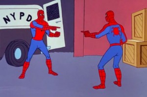 Create meme: spider-man shows spider-man, spider-man shows spider-man meme, 3 spider-man meme