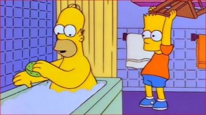 Create meme: meme Homer and Bart in bed, Bart Homer chair meme, Bart hits Homer with a chair