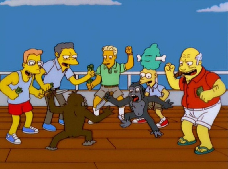 Create meme: two monkeys fight the simpsons, The Simpsons Battle of the Apes, The simpsons monkey fight