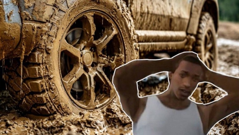 Create meme: The car is in the mud, auto , dirty car