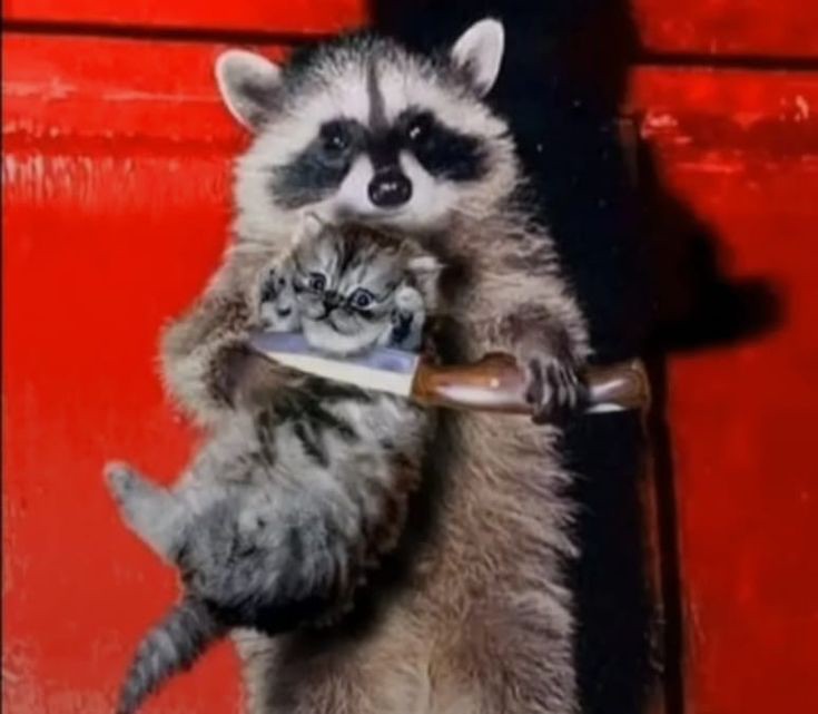 Create meme: raccoon , a raccoon with a knife, a raccoon with