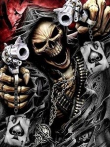 Create meme: skull, skeleton with a gun