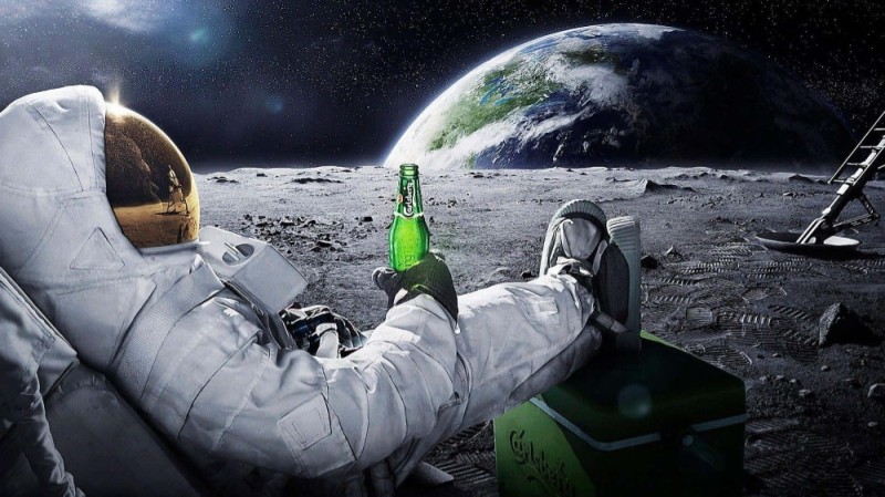 Create meme: space earth , astronaut with a beer, people in space