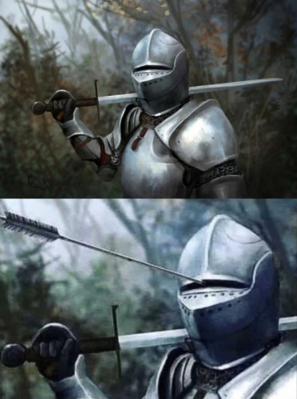 Create meme: Knights, medieval knights, a knight with an arrow in the helmet