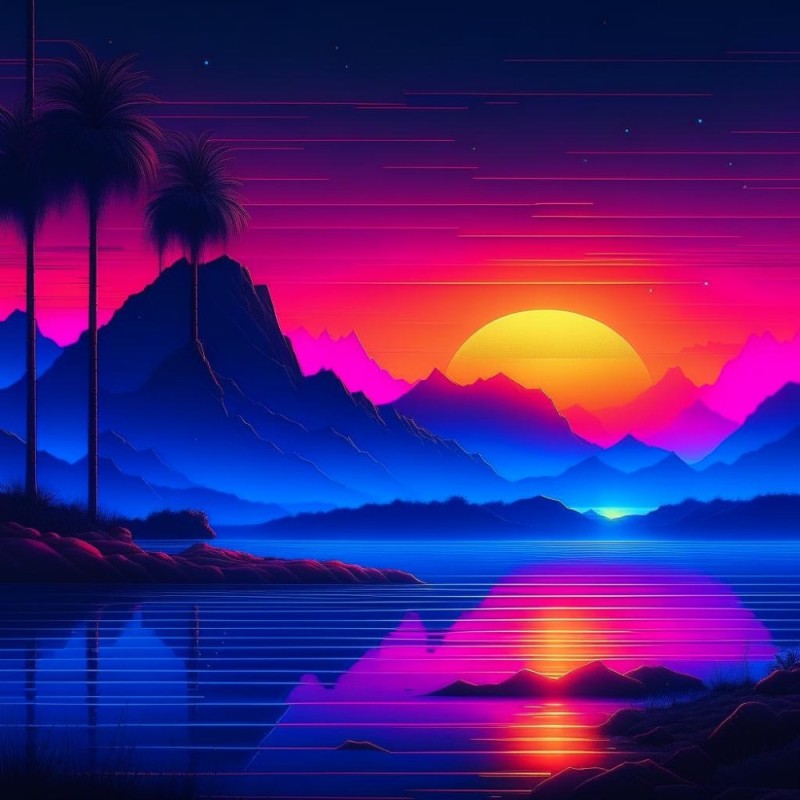 Create meme: retro wave, background sunset , synthwave art