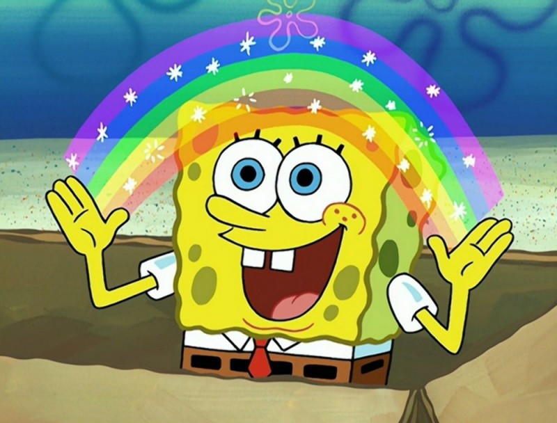Create meme: meme spongebob , spongebob with a rainbow, meme spongebob imagination