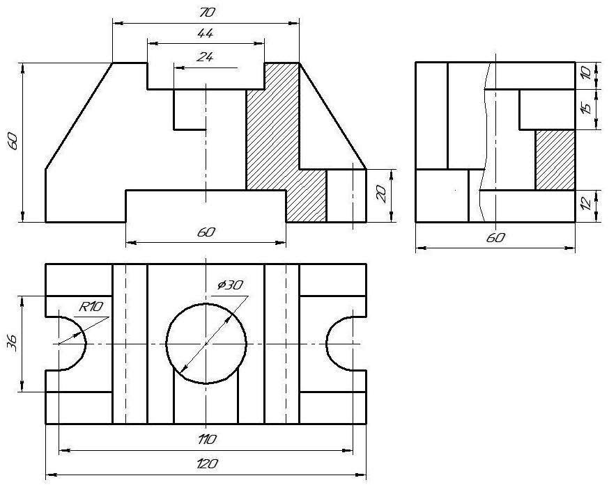 Как выполнить чертеж детали в 3 проекциях
