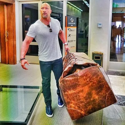 Create meme: Dwayne Johnson with a suitcase, Dwayne Johnson, Johnson rock with a big bag