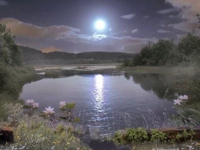 Create meme: magic lake, moonlit night on the river, The moon is a river