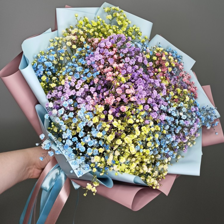 Create meme: bouquet of rainbow gypsophila, colored gypsophila, bouquet of colored gypsophila