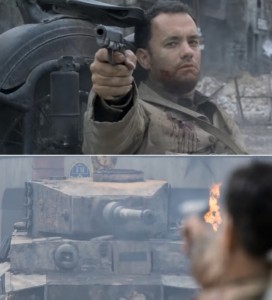 Create meme: Tom Hanks meme, Tom Hanks against the tank, saving private Ryan meme
