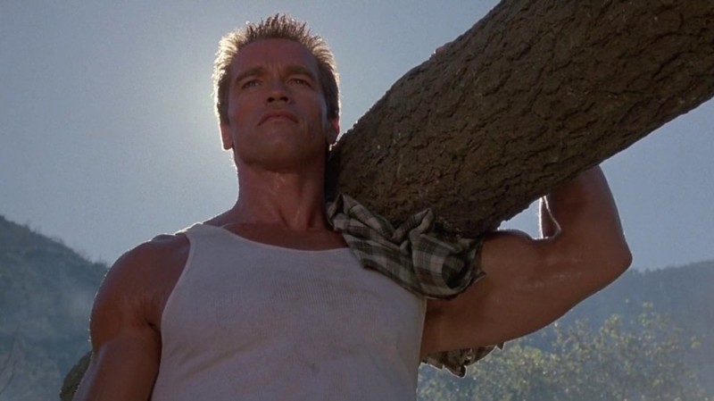 Create meme: Schwarzenegger with a log , commando schwarzenegger with a log, Commando Schwarzenegger