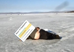 Create meme: be fine, man on ice, drunken fisherman on the ice