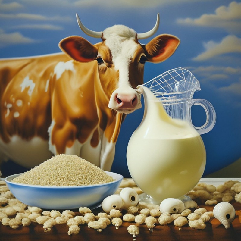 Create meme: cow with milk, the cow gives milk, milk and dairy products