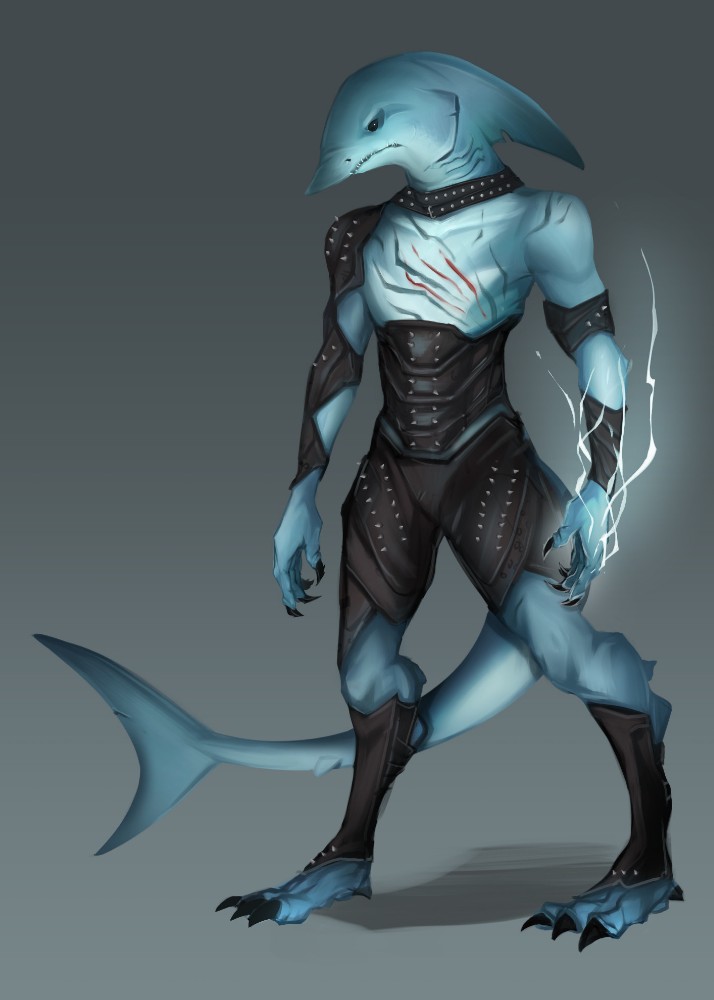 Create meme "fourarmed characters concept art, a humanoid shark