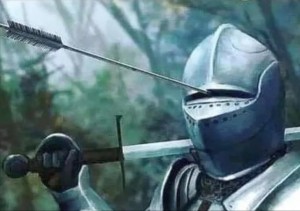 Create meme: knight with sword, knight, a knight with an arrow in the helmet meme
