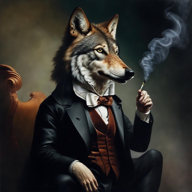 Create meme: wolf , A wolf in a tuxedo, The wolf with cigarettes