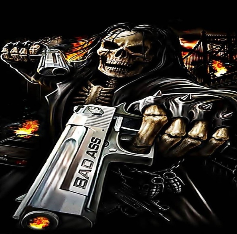 Create meme: skull with pistols, skeleton with a gun, skeleton with a gun