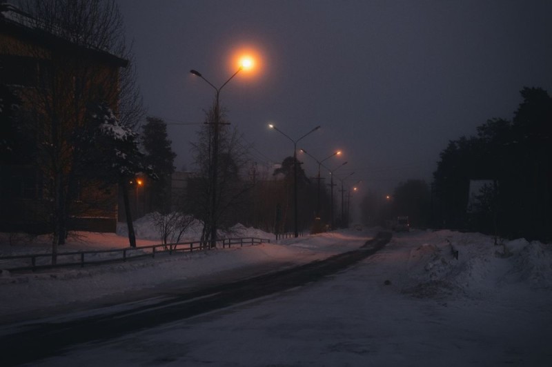 Create meme: winter night, night road, landscape 