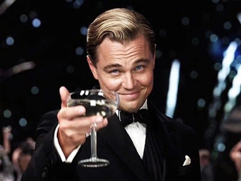 Create meme: DiCaprio with a glass of, meme the great Gatsby , happy birthday meme