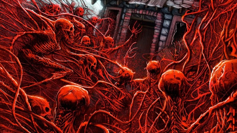 Создать мем: splatterhouse 2010, кровавый скелет, демонический фон
