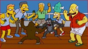 Создать мем: симпсоны обезьяны с ножами, обезьяны дерутся симпсоны, драка обезьян симпсоны