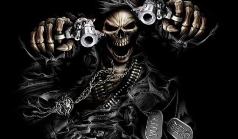 Create meme: A skeleton with pistols, skeleton with a gun, cool skeleton with a gun