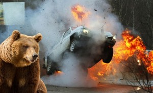 Создать мем: горящий медведь, автомобиль медведь, медведь машина