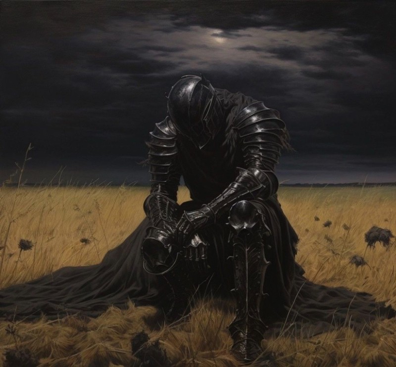 Create meme: knight in black armor, sad knight, fantasy knight