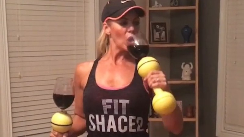 Create meme: fitness with a bottle of wine, girl , training with