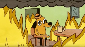 Create meme: t co, this is fine dog, Firedog