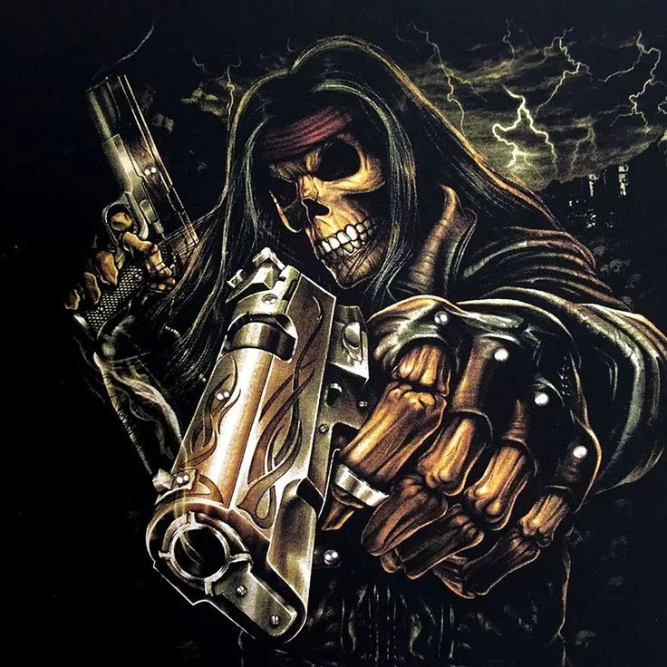 Create meme: skull with guns, a skeleton with a revolver, cool skeleton with a gun