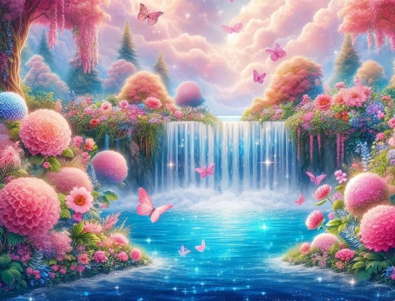 Create meme: paintings of paradise, Waterfall painting, landscape waterfall