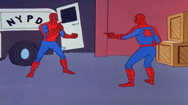 Create meme: spider-men point at each other, three spider-man meme, meme 2 spider-man