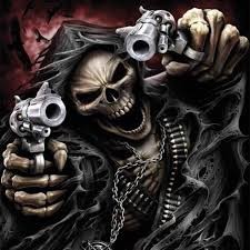 Create meme: skull with guns, cool skeleton with a gun, A skeleton with pistols