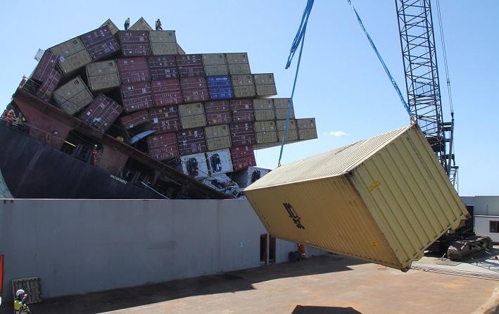 Create meme: unloading of containers at the port, machines that lift containers, container ship