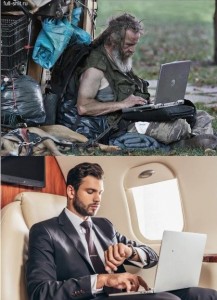 Create meme: modern gadgets, homeless with laptop, people