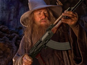 Create meme: Gandalf with a gun, Gandalf with AK 47, Gandalf the Lord of the rings